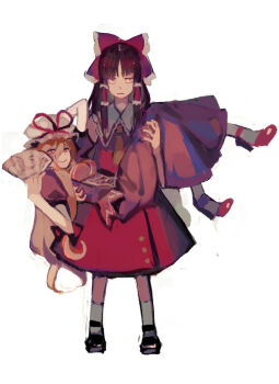2girls black_shoes bow carrying carrying_person clea_(geee13) dress embarrassed frilled_bow frills full_body hair_bow hair_tubes hakurei_reimu hand_fan hat holding holding_fan looking_at_viewer mob_cap multiple_girls princess_carry purple_dress red_shoes red_skirt shoes simple_background skirt smile socks touhou white_background white_hat white_socks yakumo_yukari