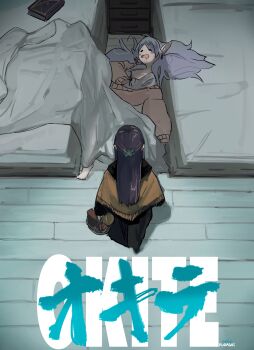 2girls absurdres akira_(manga) akira_movie_poster alternate_hairstyle barefoot basket bed black_cloak blanket blush_stickers book bread brown_capelet brown_cardigan butterfly_hair_ornament capelet cardigan cloak closed_eyes drooling earrings elf fern_(sousou_no_frieren) floating_earrings food frieren from_above full_body grey_hair grey_shirt hair_down hair_ornament higemu highres holding holding_basket jewelry long_hair long_sleeves lying messy_sleeper mouth_drool movie_poster_(medium) multiple_girls on_back open_mouth parody parted_bangs pointy_ears purple_hair romaji_text shirt short_eyebrows sleeves_past_fingers sleeves_past_wrists sousou_no_frieren standing straight_hair thick_eyebrows translated wooden_floor