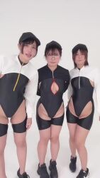 3girls adapted_costume animated asian ass ass_focus ass_shake bare_legs baseball_cap black_leotard black_thighhighs bouncing_ass breasts cosplay curvy dancing grabbing_own_ass hat highleg highleg_leotard highres huge_ass japanese_(nationality) leotard low_ponytail medium_breasts model model_request multiple_girls photo_(medium) ponytail ririkana salute shiny_clothes shiny_skin simple_background skindentation small_breasts smile sound tagme thighhighs thighs thong_leotard video