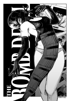 1girl apron bare_shoulders black_gloves black_shirt bomb_devil_(chainsaw_man) border breasts chainsaw_man character_name cleavage elbow_gloves feet_out_of_frame gloves grenade_pin grey_panties greyscale highres hirotoart medium_breasts midriff monochrome panties parted_lips pelvic_curtain photo_(object) reze_(chainsaw_man) shirt sideboob smile solo teeth thighs twitter_username underwear v white_border