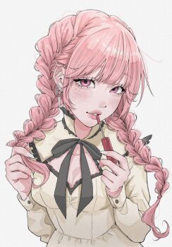 1girl aegyo_sal barbell_piercing black_ribbon black_trim blurry braid cleavage_cutout clothing_cutout collar depth_of_field double-parted_bangs dress ear_piercing earrings eyelashes film_grain fingernails frilled_collar frilled_dress frills high_collar highres industrial_piercing jewelry lipgloss long_fingernails long_sleeves looking_at_viewer modeling mole mole_under_eye nail_polish original parted_lips piercing pink_eyes pink_hair puritan_collar ribbon tamori_(tamori_www) thick_lips twin_braids twirling_hair upper_body white_nails yellow_dress