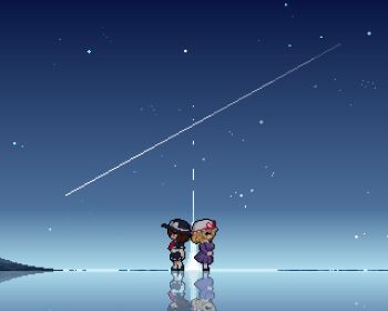 Rule 34 | 2girls, back-to-back, black capelet, black hat, black shoes, black skirt, blonde hair, bow, brown eyes, brown hair, capelet, commentary request, dress, dusk, from side, full body, hat, hat bow, hat ribbon, highres, long sleeves, maribel hearn, medium hair, mob cap, multiple girls, necktie, pixel art, purple dress, red necktie, reflection, reflective liquid, ribbon, ribbon-trimmed capelet, ribbon-trimmed skirt, ribbon trim, ruru2koichi, shirt, shoes, shooting star, skirt, sky, socks, standing, star (sky), starry sky, touhou, usami renko, white bow, white hat, white shirt, white socks, wide shot, yellow eyes