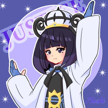 1girl 7hoshi_(7star8hrk) arm_up artist_name black_dress black_hair blue_gloves closed_mouth coat commentary_request dress eyelashes gloves grey_eyes gwynn_(pokemon) hand_up hat highres long_hair long_sleeves nintendo open_clothes open_coat outline partially_fingerless_gloves pokemon pokemon_legends:_z-a solo split_mouth upper_body