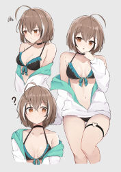 Rule 34 | 1girl, ahoge, alternate costume, alternate hair length, alternate hairstyle, bikini, black bikini, black choker, black hair, blush, breasts, brown eyes, brown hair, choker, cleavage, closed mouth, commentary, frilled bikini, frills, gluteal fold, grey background, heart o-ring, highres, hololive, hololive english, jacket, looking at viewer, looking to the side, medium breasts, multicolored hair, multiple views, nanashi mumei, navel, o-ring, o-ring thigh strap, off shoulder, open mouth, partially unzipped, shuuzo3, simple background, squiggle, streaked hair, swimsuit, thigh strap, thighs, virtual youtuber, white hair, white jacket