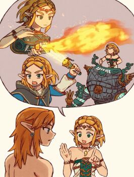 1boy 1girl armlet black_gloves blonde_hair blue_shirt bracelet braid breasts choker circlet crown_braid dress earrings flamethrower gloves gold_trim highres image_in_speech_bubble jewelry link magatama magatama_necklace medium_breasts medium_hair necklace nintendo open_mouth parted_bangs pointy_ears princess_zelda shirt short_hair shouting sidelocks smile strapless strapless_dress teardrop_facial_mark teateeeea the_legend_of_zelda the_legend_of_zelda:_tears_of_the_kingdom topless_male upper_body weapon white_background white_dress