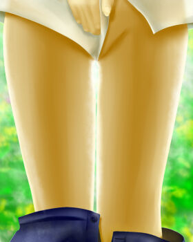 1girl ba160050 bad_anatomy bad_hands blurry blurry_background bottomless close-up clothes_pull covering_crotch covering_privates female_focus groin highres leg_focus legs lower_body outdoors pants pants_pull shorts shorts_pull solo standing thigh_focus thighs touhou waist_down wriggle_nightbug