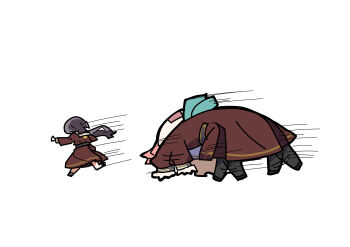 Rule 34 | 2girls, absurdres, afterimage, black pantyhose, body bridge, brown dress, ceras yanagida lilienfeld, chibi, dress, edel note, grey hair, hair ribbon, hasu no sora school uniform, highres, jellyfish cut, katsuragi izumi, link! like! love live!, long hair, long sleeves, love live!, medium dress, motion lines, multiple girls, neckerchief, oofushi ao, open mouth, pantyhose, pink ribbon, pleated dress, ribbon, running, sailor collar, sailor dress, school uniform, simple background, speed lines, virtual youtuber, white background, white sailor collar, winter uniform, yellow neckerchief