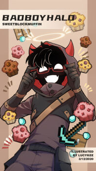 Rule 34 | 1boy, adapted costume, animification, badboyhalo, bespectacled, black hair, black hoodie, black skin, blank eyes, character name, colored skin, commentary, crafting table (minecraft), demon boy, demon horns, diamond (minecraft), english commentary, english text, food, glasses, halo, happy, highres, hood, hood up, hoodie, horns, long sleeves, looking at viewer, lucylee158, male focus, minecraft, minecraft pickaxe, minecraft youtube, monster boy, muffin, open mouth, pickaxe, red-framed eyewear, short hair, shoulder strap, smile, solo