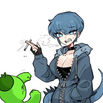 1boy 1girl ^_^ black_choker black_pants blue_eyes blue_hair blue_hoodie body_exploration breasts choker cleavage closed_eyes colored_skin commentary_request ear_piercing earrings face_piercing giant giantess green_skin highres hood hoodie jewelry kame-chan_(oligogi_meoggosipda) korean_commentary lip_piercing lizard_tail monster_girl oligogi_meoggosipda original pants piercing short_hair smoke smoking tail white_background