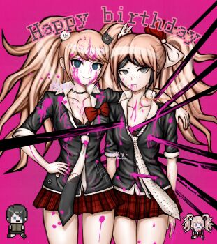black_hair black_shirt blonde_hair blood blood_from_mouth blood_in_hair blood_on_arm blood_on_clothes blood_on_face blood_on_hands blood_on_leg blood_splatter bloody_weapon blue_eyes cosplay danganronpa:_trigger_happy_havoc danganronpa_(series) enoshima_junko enoshima_junko_(cosplay) grey_eyes happy_birthday highres ikusaba_mukuro impaled looking_at_viewer matching_outfits nekotonamiko pink_background pink_blood pixel_art pleated_skirt polearm red_skirt shirt siblings simple_background sisters skirt spear twins unworn_wig weapon wig