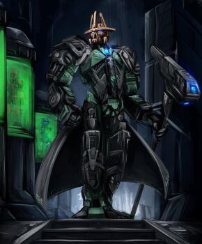 Rule 34 | 1boy, absurdres, artakha (being), bionicle, clothes writing, commentary, dark, english commentary, forge, full body, glowing, gold mask, hammer, highres, holding, holding hammer, humanoid robot, indoors, kanohi (bionicle), looking to the side, male focus, perp3tual, robot, science fiction, solo focus, standing, stasis tank, the lego group, waist cape