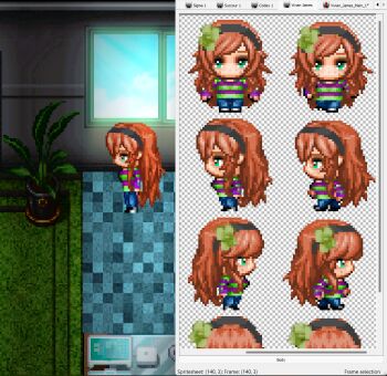 clover_hair_ornament freckles game_sprite green_eyes hair_ornament orange_hair pixel_art shirt sigma_succor sprite_art sprite_sheet striped_clothes striped_shirt vivian_james walk_cycle