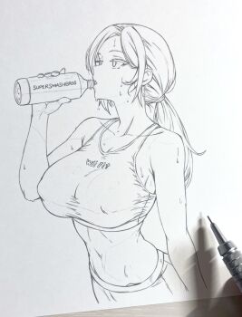 1girl art_tools_in_frame bottle breasts collarbone commentary covered_erect_nipples crop_top drinking english_commentary eyelashes graphite_(medium) greyscale highres holding holding_bottle large_breasts long_hair low_ponytail monochrome navel nintendo photo_(medium) ponytail seishun_dendeke solo super_smash_bros. sweat traditional_media water_bottle white_background wii_fit wii_fit_trainer wii_fit_trainer_(female)