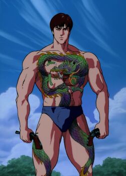 1boy anime_screenshot bara blue_background chest_tattoo crying_freeman gun handgun hinomura_you holding holding_gun holding_weapon leg_tattoo male_focus muscular muscular_male outdoors pistol stitched tattoo third-party_edit underwear underwear_only weapon