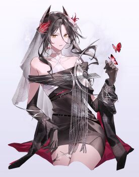 1girl absurdres arknights bare_shoulders black_dress black_gloves black_hair black_shawl bug butterfly butterfly_on_hand cross-shaped_pupils dress earrings gloves highres ines_(arknights) ines_(melodic_flutter)_(arknights) insect jewelry looking_at_viewer official_alternate_costume red_butterfly red_shawl ryat shawl simple_background solo symbol-shaped_pupils white_background yellow_eyes