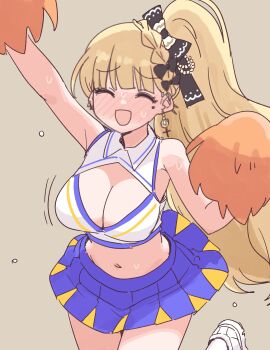 1girl :d absurdres alternate_costume arm_up bare_shoulders black_bow blonde_hair blue_skirt blush bow breasts cheering cheerleader cleavage closed_eyes collared_shirt commentary_request cropped_shirt earrings embarrassed hair_bow hand_up highres holding holding_pom_poms jewelry large_breasts long_hair mahou_shoujo_no_majo_saiban miniskirt mole mole_under_eye navel nikukabe nose_blush open_mouth pleated_skirt pom_pom_(cheerleading) pom_poms saeki_miria shirt shoes simple_background skirt smile solo standing standing_on_one_leg sweat white_shirt white_shoes