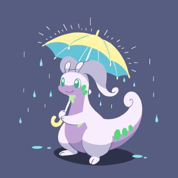 Rule 34 | closed mouth, colored skin, full body, gen 6 pokemon, goodra, green eyes, highres, holding, holding umbrella, ino eye, nintendo, no humans, pokemon, pokemon (creature), pokemon focus, purple skin, rain, simple background, smile, solo, tail, umbrella