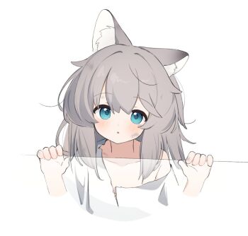 Rule 34 | 1girl, animal ear fluff, animal ears, blue eyes, blush, collarbone, commentary request, cropped torso, dirty, dirty face, grey hair, hair between eyes, hands up, long hair, looking at viewer, original, parted lips, riya (01214), shirt, simple background, solo, upper body, white background, white shirt