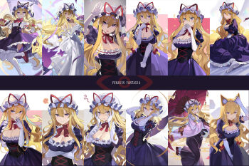 1girl absurdres animal_ears blush breasts caramelldansen cat_ears cleavage compilation dress falken_(yutozin) gloves hands_on_own_face hat highres mob_cap multiple_views pout purple_dress smirk touhou umbrella wedding_dress yakumo_yukari