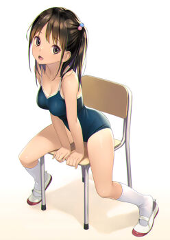 1girl :d arm_support bare_arms bare_shoulders black_hair blue_one-piece_swimsuit breasts brown_eyes chair cleavage collarbone commentary_request competition_school_swimsuit full_body hair_bobbles hair_ornament koutaro long_hair looking_at_viewer medium_breasts on_chair one-piece_swimsuit one_side_up open_mouth original school_chair school_swimsuit shoes sitting smile socks solo swimsuit tan tanline uwabaki white_background white_shoes white_socks