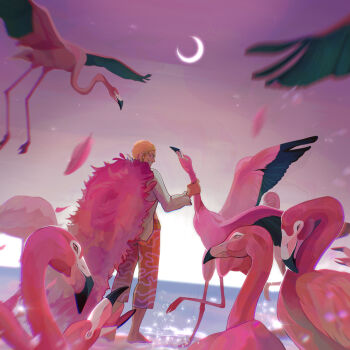 1boy barefoot beach bird blonde_hair capri_pants coat crescent_moon donquixote_doflamingo earrings evening feathers flamingo full_body highres jewelry leg_hair male_focus moon naowatan ocean one_piece outdoors pants pink_coat shirt short_hair smile standing sunglasses white_shirt