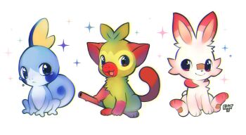 :3 animal_focus blue_eyes commentary english_commentary fang foxlett full_body gen_8_pokemon grookey highres holding holding_stick lizard looking_at_viewer monkey nintendo no_humans open_mouth pokemon pokemon_(creature) pokemon_focus rabbit red_eyes scorbunny simple_background smile sobble sparkle starter_pokemon_trio stick white_background