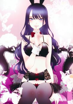 Rule 34 | 1girl, animal ears, bare shoulders, black bra, black thighhighs, blue eyes, blush, bow, bowtie, bra, breasts, bug, butterfly, chair, cleavage, collar, cosplay, cuffs, fake animal ears, finger to mouth, floral print, frills, fukuda shinichi, garter straps, highres, insect, izayoi arisa, izayoi arisa (cosplay), kitagawa marin, large breasts, lingerie, long hair, looking at viewer, navel, official art, on chair, playboy bunny, purple hair, rabbit ears, red bow, red bowtie, sitting, sono bisque doll wa koi wo suru, thighhighs, underwear, wrist cuffs