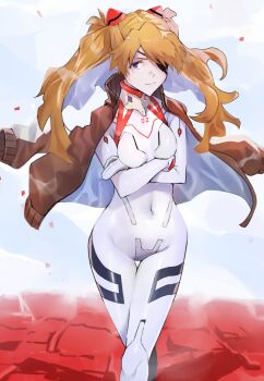 Rule 34 | 1girl, blue eyes, bodysuit, bodysuit under clothes, breasts, brown jacket, commentary, covered navel, crossed arms, curvy, evangelion: 3.0+1.0 thrice upon a time, eyepatch, highres, interface headset (evangelion), jacket, jacket on shoulders, long hair, looking at viewer, mecha pilot suit, neon genesis evangelion, plugsuit (evangelion), rebuild of evangelion, red hair, shiny clothes, small breasts, solo, souryuu asuka langley, standing, twintails, two side up, white bodysuit, yagisawa teru