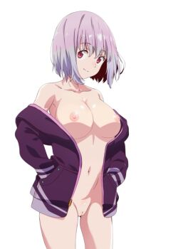 Rule 34 | 1girl, breasts, cleavage, collarbone, gridman universe, hands in pockets, jacket, kanbe piroshiki, large breasts, light purple hair, long hair, looking at viewer, naked jacket, navel, nude, nude filter, purple jacket, pussy, red eyes, shinjou akane, shirt, smile, ssss.gridman, third-party edit, uncensored