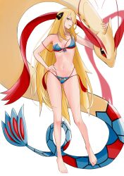 Rule 34 | 1girl, absurdres, alternate costume, aqua bikini, barefoot, bikini, blonde hair, breasts, closed mouth, commentary request, creatures (company), cynthia (pokemon), feet, game freak, gen 3 pokemon, grey eyes, hair ornament, hair over one eye, hand on own hip, hand up, highres, kashumashux51, knees, legs, long hair, md5 mismatch, medium breasts, milotic, navel, nintendo, pokemon, pokemon (creature), pokemon dppt, revision, simple background, smile, strap slip, swimsuit, toes, very long hair, white background
