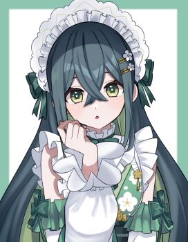 1girl bare_shoulders blush bonnet border breasts chestnut_mouth clenched_hand collar colored_inner_hair crossed_bangs detached_sleeves floral_print floral_print_kimono flower-shaped_pupils flower_hairpin frilled_bonnet frilled_collar frills green_border green_eyes green_hair green_kimono green_ribbon hair_ornament hair_ribbon hairclip hand_up highres japanese_clothes kimono long_hair long_sleeves looking_at_viewer multicolored_hair neck_ribbon nijisanji outside_border parted_lips print_kimono ribbon simple_background small_breasts solo standing symbol-shaped_pupils togawa_nonoha upper_body virtual_youtuber white_background white_bonnet white_sleeves x0910x