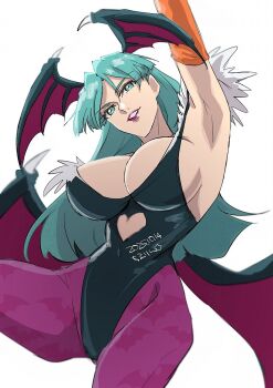 1girl animal_print bat_print black_leotard breasts capcom cleavage clothing_cutout darkstalkers demon_girl green_eyes green_hair head_wings heart_cutout large_breasts leotard lipstick long_hair makeup morrigan_aensland pantyhose purple_pantyhose solo wings yanada_kiyorin