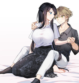 1boy 1girl asuma_mitsuya_(yunamaro) barefoot black_hair black_shirt black_skirt black_socks blonde_hair blue_eyes breasts closed_mouth collarbone collared_shirt earrings hand_on_another&#039;s_shoulder highres holding_hands jewelry long_hair original pants shirt short_hair skirt socks taut_clothes taut_shirt white_pants white_shirt yaotome_tsuyako_(yunamaro) yellow_eyes yunamaro