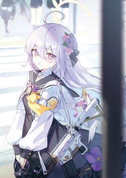 Rule 34 | 1girl, absurdres, ahoge, azusa (blue archive), blue archive, blurry, blurry foreground, blush, commentary request, cowboy shot, flower, gas mask, gun, hair between eyes, hair flower, hair ornament, halo, highres, kokko (kokko3045), long hair, long sleeves, looking at viewer, mask, purple eyes, sailor collar, standing, v arms, weapon, white hair, yellow halo