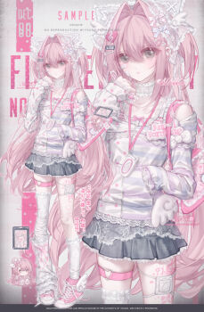 1girl animal_ears bow camisole cellphone character_doll character_doll_in_itabag choker commission denim denim_skirt doll fake_animal_ears fashion flip_phone fortissimo grey_eyes hair_bow hair_intakes hair_ornament hand_in_pocket heart heart_hair_ornament heisei_retro highres itabag jacket lace lace_choker lanyard layered_clothes leg_tattoo leg_warmers long_hair looking_at_viewer mihuashi_commission musical_note musical_note_hair_ornament nnk_(nongnong) off-shoulder_jacket off_shoulder original phone pink_hair pink_shoes polka_dot polka_dot_jacket rhinestone shoes single_leg_warmer skindentation skirt sneakers socks solo_focus standing striped_camisole striped_clothes striped_jacket stuffed_toy tattoo thigh_strap treble_clef very_long_hair white_bow white_leg_warmers white_socks wing_hair_ornament winged_shoes wings wishcore yabi_fashion zoom_layer