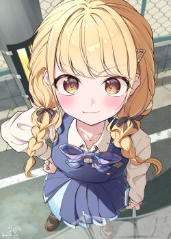 1girl :3 absurdres blonde_hair blue_overskirt blue_skirt blue_vest blush bow bowtie braid brown_ribbon brown_shoes chain-link_fence commentary_request fang fence fujita_kotone gakuen_idolmaster hair_ribbon hatsuboshi_gakuen_school_uniform highres holding holding_umbrella idolmaster loafers long_hair looking_at_viewer muu3_illust outdoors plaid_bow plaid_bowtie plaid_clothes pleated_skirt ribbon school_uniform shirt shoes signature skin_fang skirt smile solo transparent transparent_umbrella twin_braids twitter_username umbrella utility_pole vest white_shirt yellow_eyes