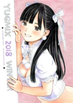 1girl 2018 black_hair blush bow breasts brown_eyes cleavage cover earrings english_text hair_bow jewelry long_hair looking_at_viewer navel original pink_background pom_pom_(clothes) shirt short_sleeves smile solo teeth traditional_media upper_body white_shirt yug_(ekaki)