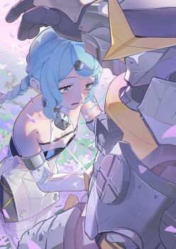 1girl ammunition_pouch bare_shoulders blue_eyes blue_hair blurry blurry_background braid braided_ponytail clothing_cutout collarbone commentary_request crying detached_sleeves falling_petals flower flower_hairpin formal_clothes grass hair_ornament hairpin highres humanoid_robot joints long_hair mechanical_arms mole mole_on_shoulder open_mouth outdoors petals pink_flower pouch purple_flower robot robot_joints see-through_dress_layer seed_(zenless_zone_zero) seed_sr. side_cutout sparkle suit tears thigh_cutout umiwashi white_flower white_suit zenless_zone_zero