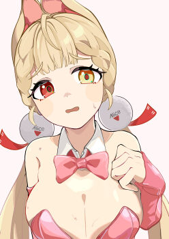 1girl absurdres alice_thymefield animal_ears bare_shoulders blonde_hair bow bowtie breasts character_name cleavage commentary detached_collar detached_sleeves hair_ornament heterochromia highres komichi-mayoimichi large_breasts long_hair looking_at_viewer low_twintails pink_bow pink_bowtie pink_sleeves rabbit_ears rabbit_girl red_eyes simple_background sphere_hair_ornament sweat twintails upper_body white_background yellow_eyes zenless_zone_zero