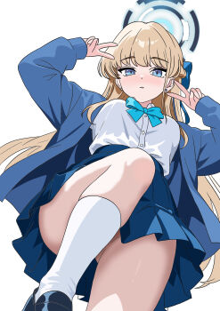 1girl absurdres blonde_hair blue_archive blue_bow blue_eyes blue_jacket blue_shoes blue_skirt blush bow double_v earrings from_below gubee hair_down highres jacket jewelry kneehighs official_alternate_costume official_alternate_hairstyle parted_lips shirt shoes sidelocks skirt socks solo stud_earrings toki_(blue_archive) toki_(school_uniform)_(blue_archive) v white_shirt white_socks