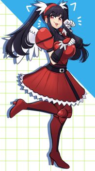 1girl absurdres armor armored_dress black_hair boots dress fang fighting_vipers full_body gloves grid_background hairband high_heels highres honey_(fighting_vipers) long_hair missandydandy open_mouth paw_pose red_eyes twintails white_gloves wings