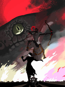 Rule 34 | 1boy, absurdres, animal, armor, black hair, black tunic, bow (weapon), commentary, creature, english commentary, full body, highres, holding, holding bow (weapon), holding sword, holding weapon, horseback riding, knight, mountainous horizon, outstretched arm, oversized animal, riding, rnio19, shadow slave, short hair, smile, snake, standing, sunny (shadow slave), sword, torn tunic, tunic, weapon