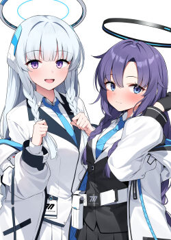 Rule 34 | 2girls, absurdres, black gloves, black shirt, black skirt, blue archive, blue eyes, blue necktie, blush, braid, breasts, commentary request, gloves, halo, headgear, highres, jacket, large breasts, mechanical halo, multiple girls, necktie, noa (blue archive), open clothes, open jacket, open mouth, purple eyes, purple hair, shirt, skirt, suiroh (shideoukami), twin braids, white hair, white jacket, white shirt, white skirt, yuuka (blue archive)