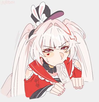 1girl blush clothing_cutout commentary english_commentary facial_mark fellatio hat heart honkai:_star_rail honkai_(series) long_hair looking_at_viewer mark_under_both_eyes oral purple_eyes shoulder_cutout solo sparxie_(honkai:_star_rail) sweatdrop twintails unfamousradish white_hair