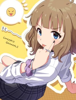 1girl :p absurdres ahoge akanbe anime_coloring arm_support bangle black_choker black_nails blue_eyes blunt_bangs bracelet brown_hair choker collared_shirt concept_gyarus_(idolmaster) emoji english_text eyelashes eyelid_pull fingernails grey_skirt gyaru hand_up highres houraijin idolmaster idolmaster_million_live! idolmaster_million_live!_theater_days index_finger_raised jewelry kogal long_fingernails looking_at_viewer medium_hair nail_polish official_alternate_costume open_collar outline plaid_clothes plaid_skirt pleated_skirt purple_scrunchie school_uniform scrunchie shirt sidelocks silver_bangle silver_bracelet silver_ring sitting skirt sleeves_rolled_up solo suou_momoko tongue tongue_out v-shaped_eyebrows white_outline white_shirt wrist_scrunchie yellow_background