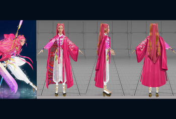 Rule 34 | 1girl, absurdres, commentary, english commentary, full body, hanbok, highres, holding, holding polearm, holding weapon, joune5064, korean clothes, kpop demon hunters, letterboxed, long hair, mira (kpop demon hunters), multiple views, outstretched arms, pants, pink hair, pink hanbok, polearm, sash, standing, standing on one leg, twintails, weapon, white pants