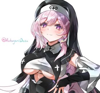 1girl alternate_costume black_dress black_veil breasts commentary_request cyrene_(honkai:_star_rail) cyrene_(ripples_of_past_reverie)_(honkai:_star_rail) diamond-shaped_pupils diamond_(shape) dress earrings highres honkai:_star_rail honkai_(series) jewelry large_breasts long_hair looking_at_viewer multicolored_hair nun pink_hair purple_eyes rakugamidesu simple_background smile solo symbol-shaped_pupils twitter_username two-tone_hair underboob upper_body veil very_long_hair white_background white_hair