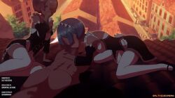 1boy 2girls animated arm_support artist_name bent_over black_dress black_footwear black_sleeves blue_eyes blue_hair breasts cleavage collar covering_own_mouth cumskeleton detached_collar detached_sleeves dress feet_out_of_frame fellatio full_body hair_over_one_eye hand_over_own_mouth hetero horns leaning_to_the_side long_sleeves looking_at_another looping_animation lying maid matching_hair/eyes medium_breasts multiple_girls on_back oni opennsfwsp oral outdoors penis pink_eyes pink_hair ram_(re:zero) re:zero_kara_hajimeru_isekai_seikatsu rem_(re:zero) rubyredva saltyicecream shoes short_hair siblings single_horn sitting small_breasts sound strapless strapless_dress sunset surprised thighhighs third-party_edit twins two-tone_dress uncensored video wariza watermark white_collar white_dress white_thighhighs yokozuwari