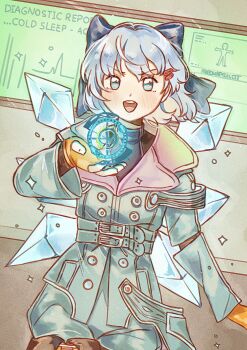 Rule 34 | 1girl, :d, alt text, belt, black bow, blue eyes, blue hair, bow, cirno, cirno day, coat, commentary, cosplay, english commentary, english text, fingerless gloves, gloves, gnosia, hair bow, hair ornament, hairclip, highres, ice, ice wings, meowpricot, open mouth, setsu (gnosia), setsu (gnosia) (cosplay), short hair, smile, solo, standing, touhou, wings