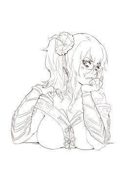 1girl absurdres arienne_(knights) bad_link bags_under_eyes bare_shoulders breast_rest breasts breasts_on_table disgust facial_mark fingerless_gloves flower gloves greyscale hair_between_eyes hair_flower hair_ornament hand_on_own_head hibiscus highres large_breasts long_eyelashes looking_at_viewer monochrome original parted_lips scowl side_ponytail sketch tattoo twirling_hair white_background